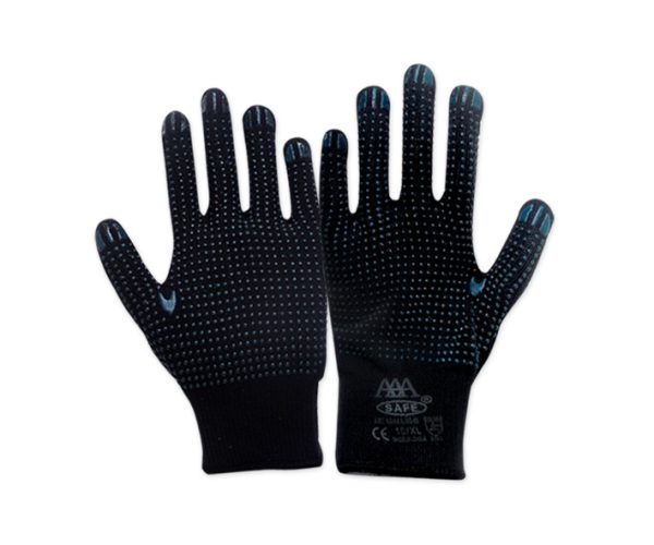 AAA SAFE DOTTED GLOVES AAA/HG-65 - 10 Gauge Black T/C Liner With 2 Side Blue PVC Dots