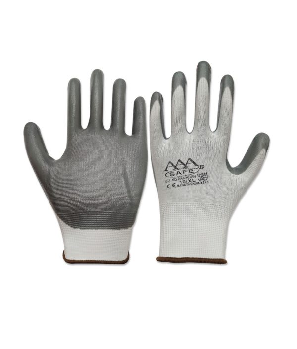 AAA SAFE PU GLOVES AAA/HG-54 - Hand Protection, 13 Gauge White Polyester Liner With Light Grey Nitrile Smooth finish
