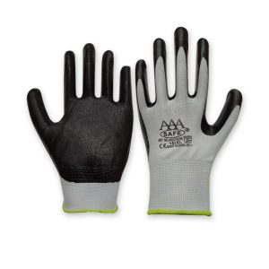 AAA SAFE PU GLOVES AAA/HG-54 – 13 Gauge White Polyester Liner With Light Grey Nitrile Smooth finish