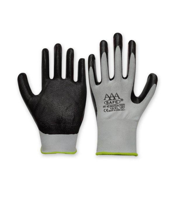 AAA SAFE PU GLOVES AAA/HG-54 - 13 Gauge White Polyester Liner With Light Grey Nitrile Smooth finish