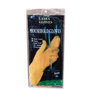 Household Gloves – Focklined gloves, Reinforced latex smooth inside and outside. Extra long cuff. Individual pair in polybag.