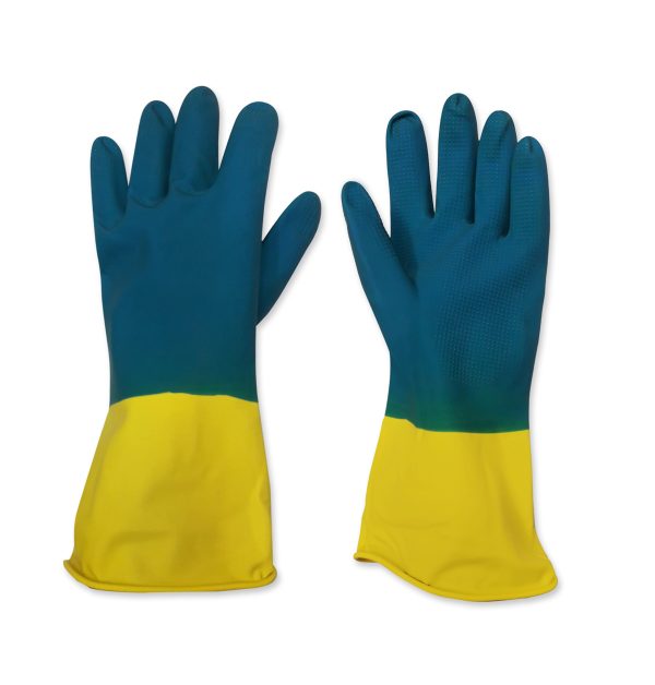 INDUSTRIAL DUO COLORED GAUNTLET GLOVES - Industrial latex gloves, Duo Colored, Latex with cotton flock lining.