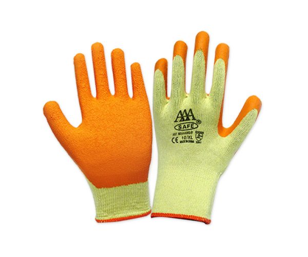 AAA SAFE LATEX GLOVES Latex Gloves HG-51 - Hand Protection - 10 Gauge 2 Yarns with crinkle finish, Yellow T/C Liner & Orange Latex