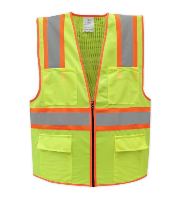AAA SAFE SAFETY JACKET AAA/SJ-71 - 120 GSM Polyester knitted fabric front + mesh back, high viibility reflective tape with zipper, chest pockets, patch pockets with Velcro flaps