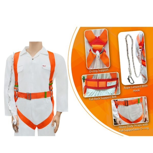 AAA SAFE Safeman- Full Body Safety Harness, Rope, Adjustable waist, Thigh wrap, Plastic Belt Back support, Scafolding Hook - SBLT-02