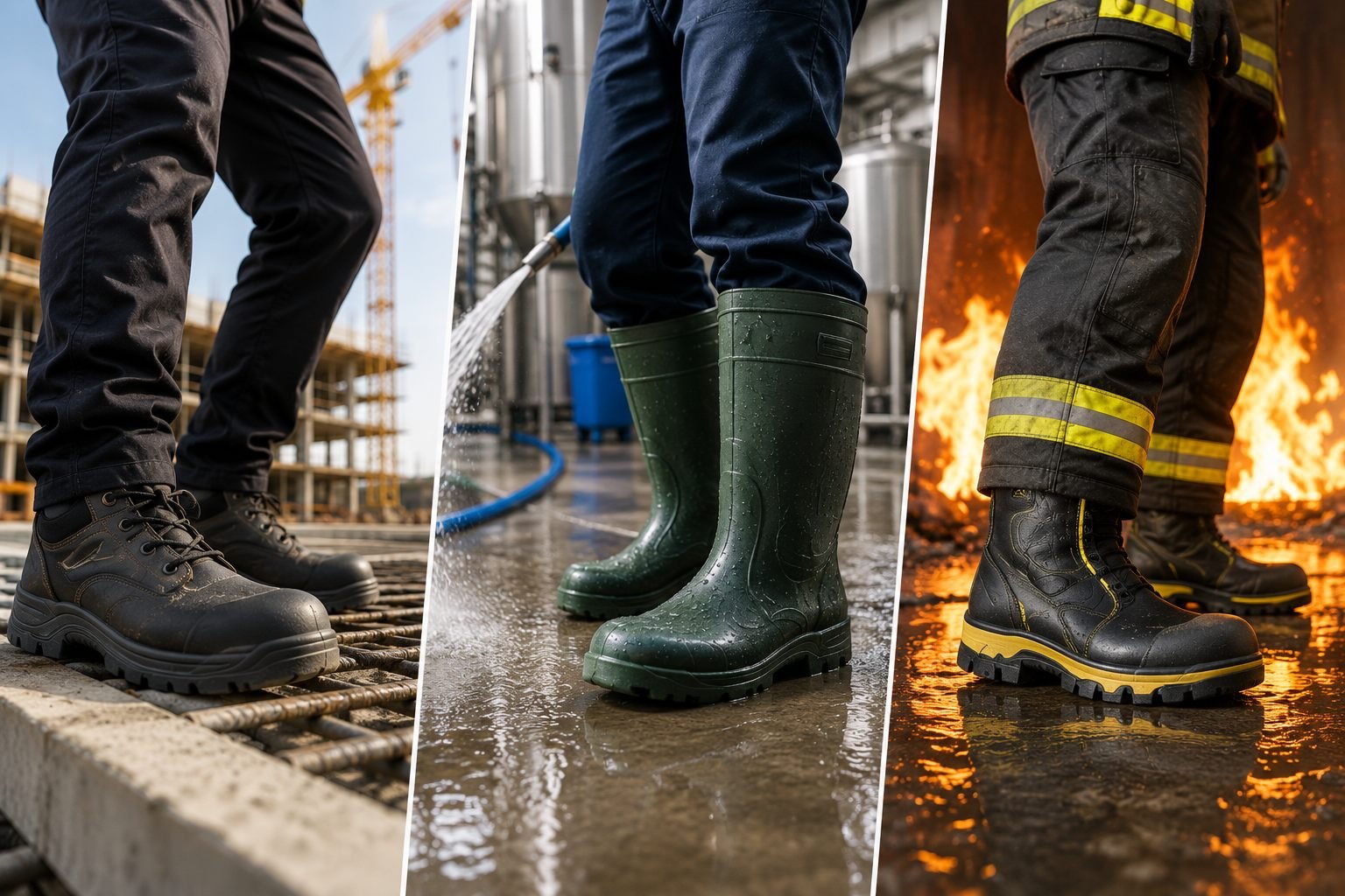 Choosing Foot Protection for UAE Sites between Safety Shoes vs Gumboots vs Fire Boots